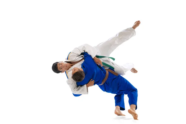 Studio Shot Two Men Professional Judo Athletes Training Isolated White — Stockfoto