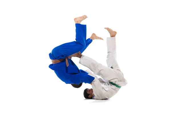 Forward Roll Breakfall Studio Shot Two Men Professional Judo Athletes — стоковое фото
