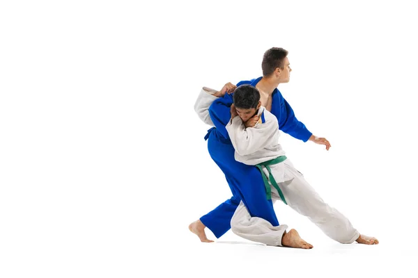 Studio Shot Two Men Professional Judo Athletes Training Isolated White — ストック写真