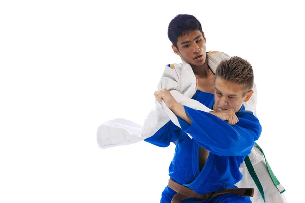 Dynamic Portrait Two Young Men Professional Judo Athletes Training Fighting — Stockfoto