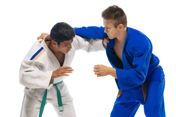 Studio Shot Two Men Professional Judo Athletes Training Isolated White — Fotografie, imagine de stoc