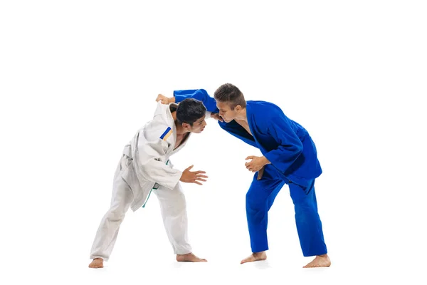 Studio Shot Two Men Professional Judo Combat Sport Athletes Training — Stock fotografie