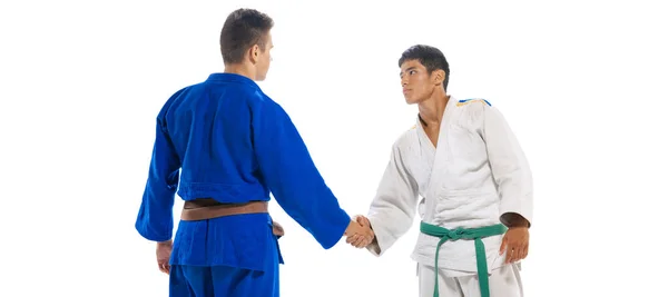 Portrait Two Young Men Martial Arts Sportsmen Greeting Each Other — ストック写真