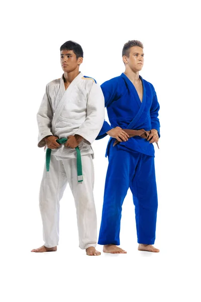 Portrait Two Young Men White Blue Kimono Martial Arts Athletes — Foto de Stock