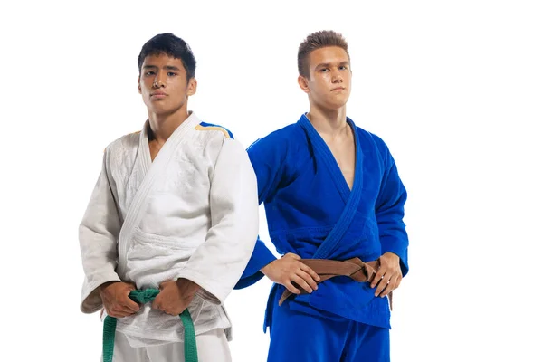 Concentration Portrait Two Young Men White Blue Kimono Martial Arts — Stock Fotó