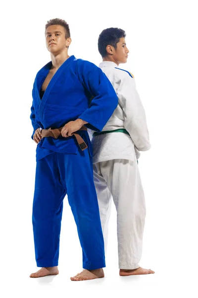 Portrait Two Young Men White Blue Kimono Martial Arts Athletes — Photo