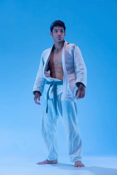 Portrait Young Sportive Man Judo Athlete Posing White Kimono Green — Zdjęcie stockowe