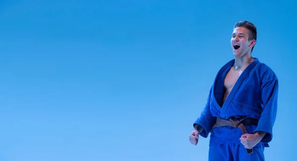 Portrait Young Sportive Man Martial Art Coach Posing Isolated Blue — Zdjęcie stockowe