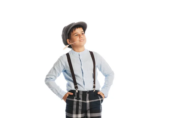 Portrait Stylish Kid Boy Shirt Cap Suspenders Plaid Pants Smiling — Φωτογραφία Αρχείου