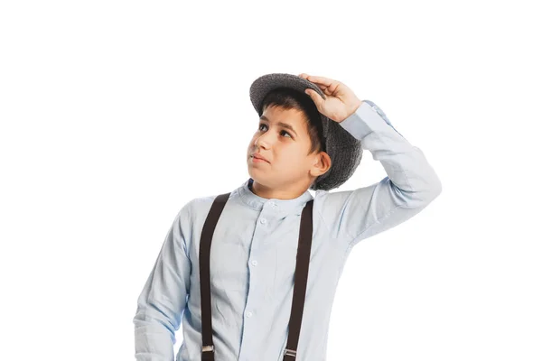Portrait Boy Child Shirt Cap Suspenders Posing Isolated White Studio — Stock Fotó