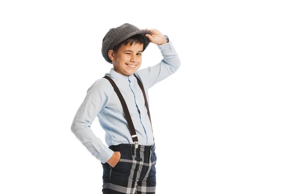 Portrait Stylish Kid Boy Shirt Cap Suspenders Plaid Pants Smiling — Stockfoto