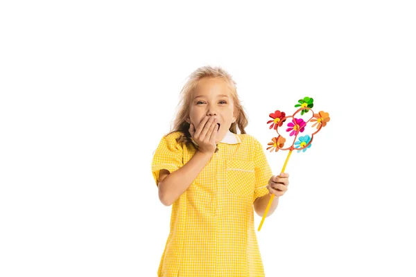 Portrait Little Emotive Kid Girl Yellow Dress Posing Making Faces — Stock Photo, Image