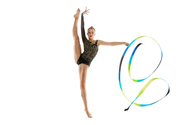Young Beautiful Flexible Girl Female Rhythmic Gymnast Training Colorful Ribbons — Stockfoto