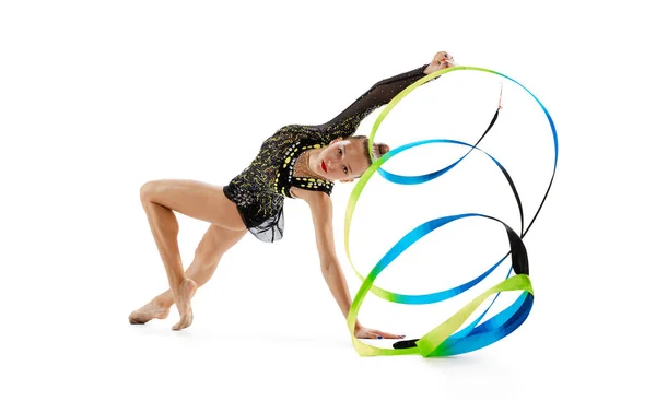Portrait Young Professional Female Rhythmic Gymnast Training Colorful Ribbons Isolated — Stockfoto