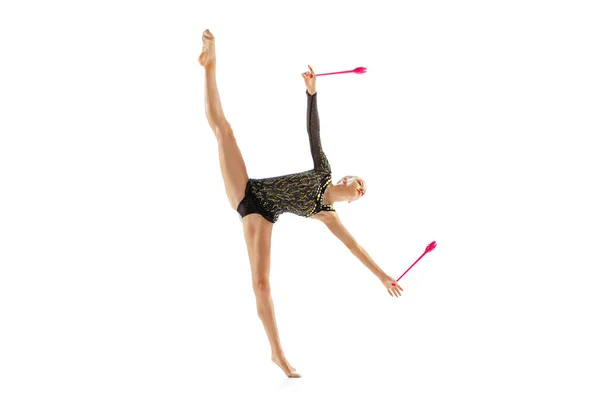 One Young Girl Female Rhythmic Gymnast Training Clubs Isolated White — Stockfoto