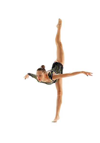 Portrait Young Girl Female Rhythmic Gymnast Training Standing Twine Clubs — Fotografia de Stock