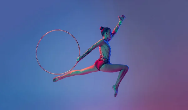 Portrait Young Sportive Girl Female Rhythmic Gymnast Training Performing Hoop — Stockfoto