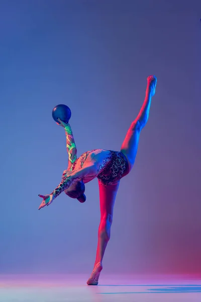 Portrait Young Girl Rhythmic Gymnast Athlete Training Blue Ball Isolated — Foto de Stock