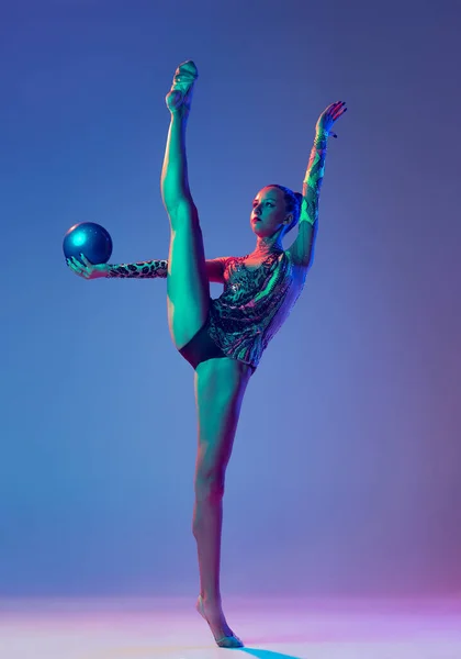 One Young Flexible Girl Rhythmic Gymnast Athlete Training Blue Ball — ストック写真