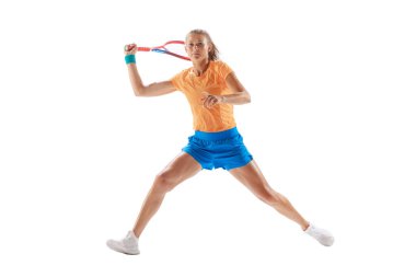 Portrait of young active woman, professional tennis player training isolated over white studio background. Concept of sport, health, strength, action, motion, hobby, lifestyle. Copy space for ad