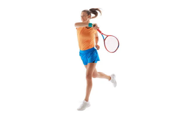 Portrait Young Sportive Woman Professional Tennis Player Training Returning Ball — 图库照片