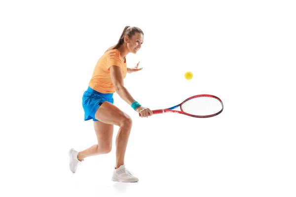 Portrait Young Sportive Woman Tennis Player Training Isolated White Studio — Stockfoto