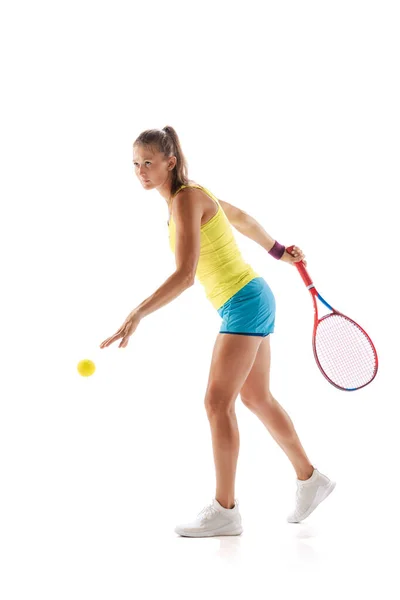 Portrait Young Woman Professional Tennis Player Training Serving Ball Isolated — стоковое фото