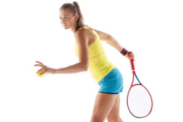 Portrait Young Woman Professional Tennis Player Training Serving Ball Isolated — Stock fotografie