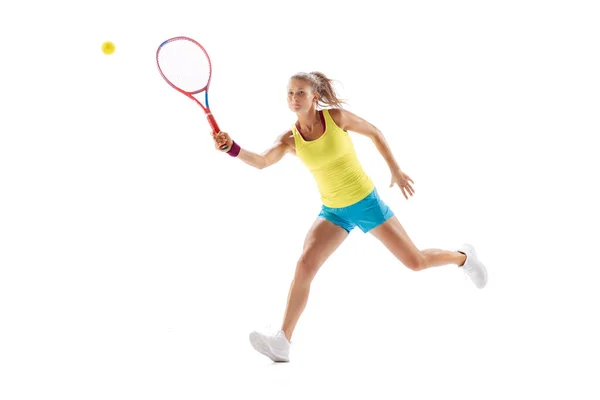 Portrait Young Sportive Woman Professional Tennis Player Training Isolated White — Stock fotografie