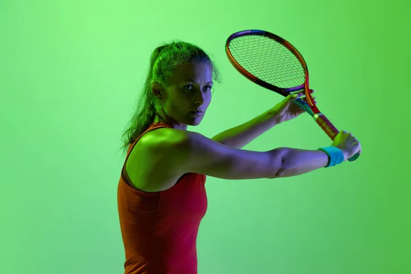Portrait Young Sportive Woman Professional Tennis Player Posing Isolated Green — Stockfoto