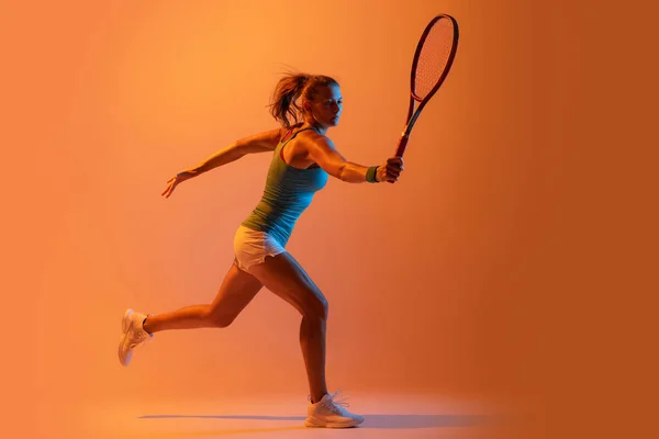 Portrait Sportive Woman Professional Tennis Player Training Isolated Orange Studio — Φωτογραφία Αρχείου