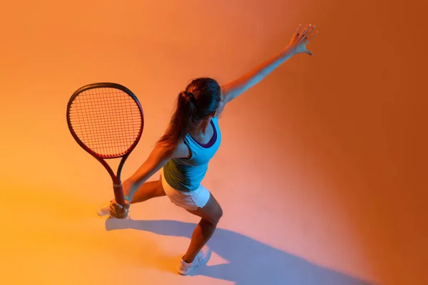 Top View Portrait Woman Professional Tennis Player Hitting Ball Racket — Stok fotoğraf