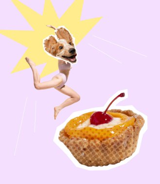 Contemporary art collage. Funny image of woman in swimming suit with happy dogs muzzle head jumping into delicious cake. Concept of party, fun, creativity, surrealism, animal design. Poster, ad