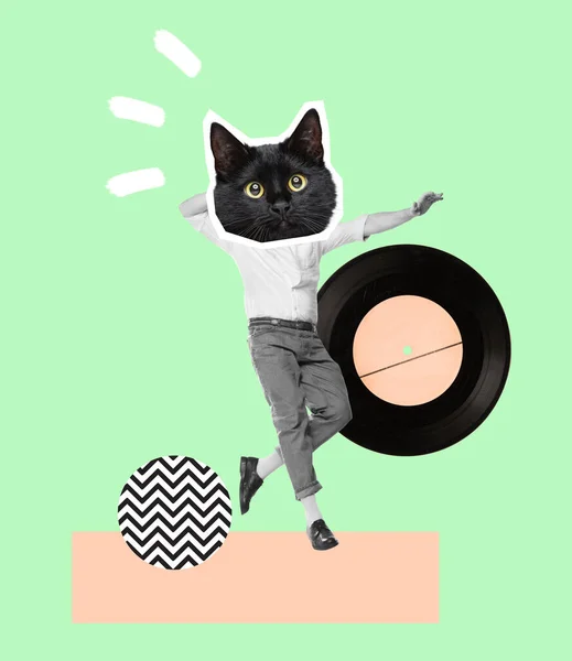 Contemporary Art Collage Man Black Cat Muzzle Head Cheerfully Dancing — 스톡 사진