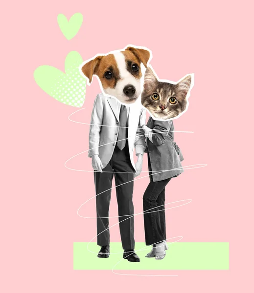 Contemporary artwork. Creative design of man and woman with dogs and cats muzzle isolated on pink background. Romantic date. Concept of party, fun, creativity, surrealism, animal design. Poster, ad