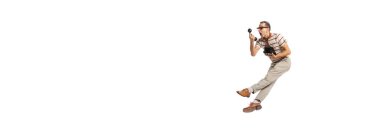 Portrait of stylish businessman in retro clothes shouting on vintage phone in a jump isolated over white background. Concept of business, office lifestyle, success, ballet, career, expression, ad