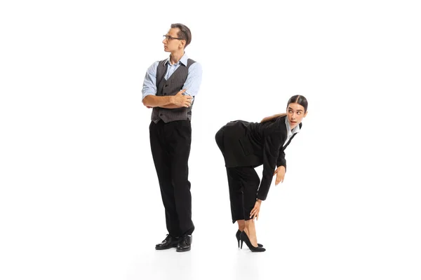 Portrait Man Woman Employees Cooperating Each Other Isolated White Background — Stok fotoğraf