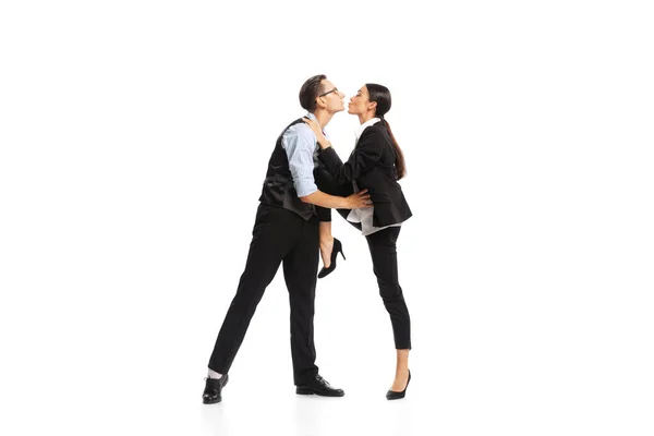Portrait Two Employees Managers Official Suit Kissing Isolated White Background — Zdjęcie stockowe