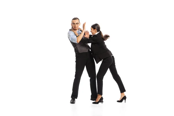 Portrait Man Woman Office Managers Employees Fighting Each Other Isolated — Stok fotoğraf