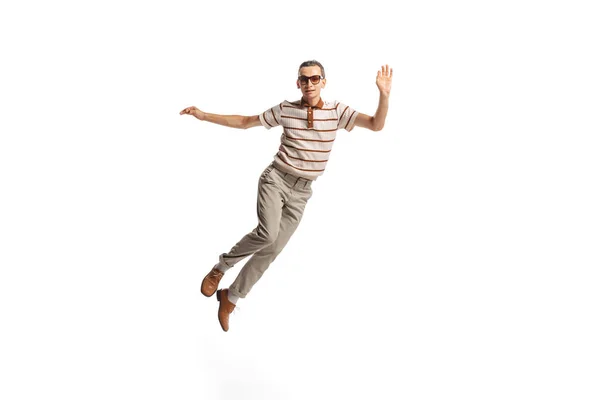Portrait Stylish Cheerful Man Retro Costume Posing Jump Isolated White — ストック写真