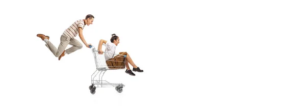 Portrait Man Carrying Woman Shopping Trolley Isolated White Background Retro — Foto Stock