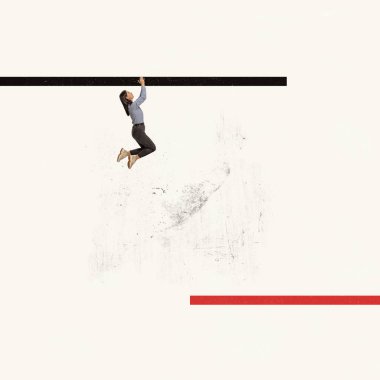 Contemporary art collage. Business woman, ambitious employee climbing the line, seizing important opportunity. Maintaining professional growth. Concept of business, career development, motivation, ad
