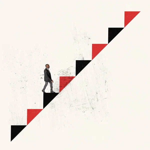Contemporary art collage. Motivated and concentrated employee moving forward to success on ladder. Professional growth. Concept of business, promotion, growth, challenge. Poster, ad