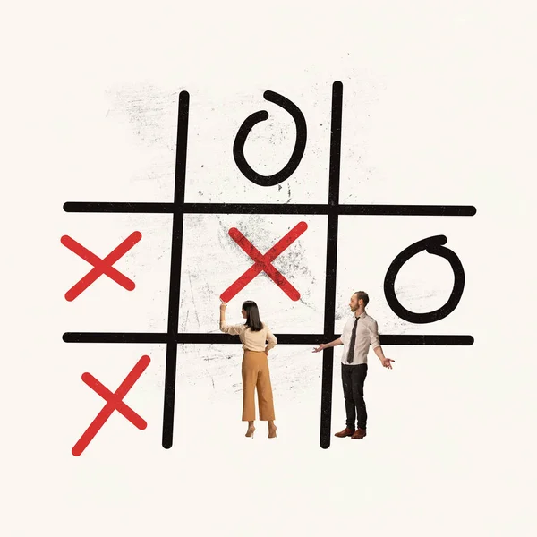 Contemporary Art Collage Business People Employees Playing Tic Tac Toe — 스톡 사진