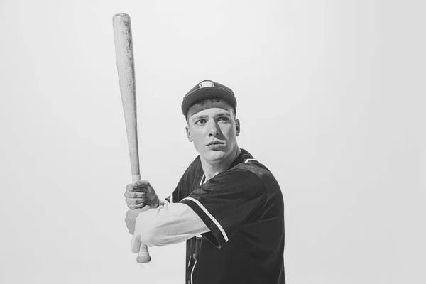 Black White Portrait Concentrated Young Man Baseball Player Uniform Bat — Stock fotografie