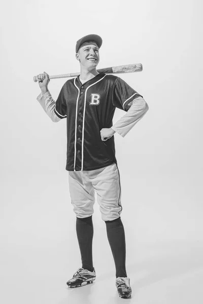 Portrait Cheerful Young Man Baseball Player Uniform Bat Posing Black — Stock fotografie