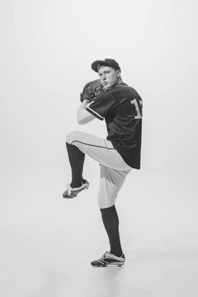 Portrait Young Man Baseball Player Pitcher Training Playing Black White — Stockfoto