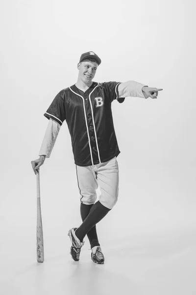 Portrait Cheerful Handsome Young Man Student Baseball Player Posing Bat — 图库照片