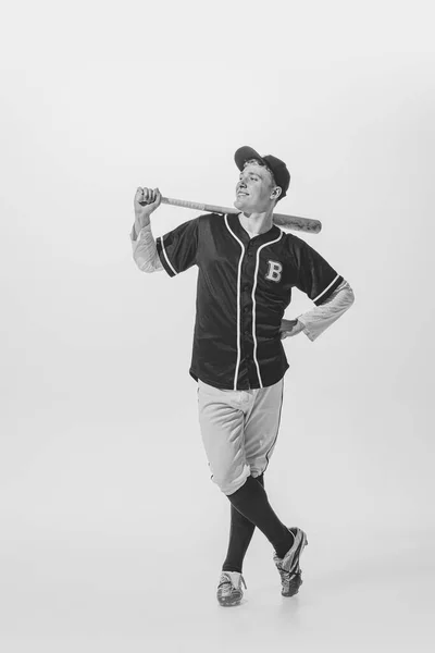Portrait Delightful Young Man Baseball Player Batter Uniform Posing Bat — 图库照片