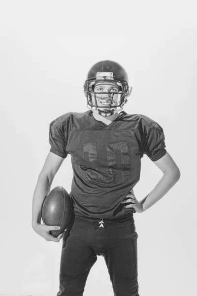 Portrait Young Smiling Man American Football Player Posing Full Equipment — 图库照片